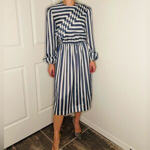 Vintage JT Dress 80s Blue and White Stripe Pleated Long Sleeve, Tea Length Dress